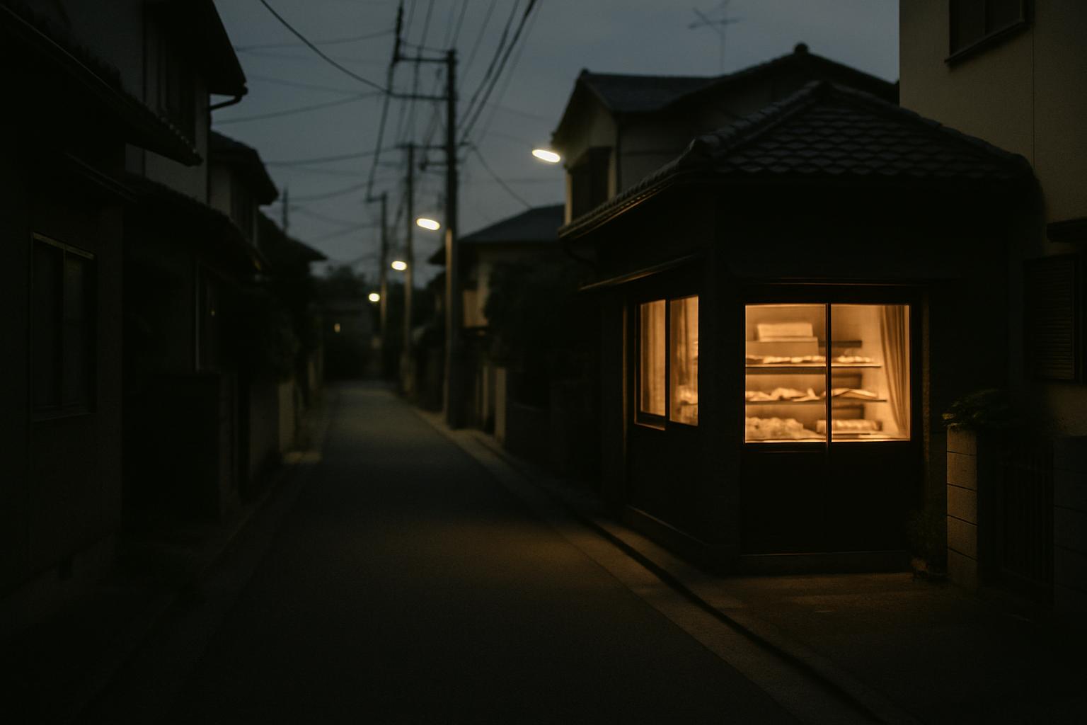 夕方の帰り道、小さなパン屋の明かり
